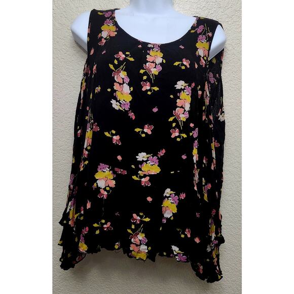 Abound Black Pink Yellow Floral Print Cold Shoulder Top Large Ruffled Hem Flowy - Picture 1 of 7